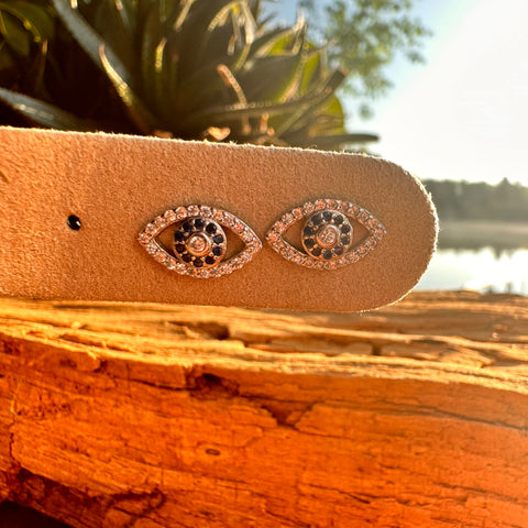 1 Sterling silver with rhodium 7x12mm evil eye stud earring with cubic zirconia