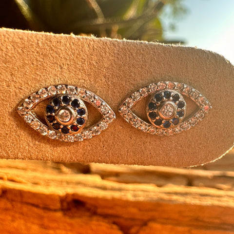 2 Sterling silver with rhodium 7x12mm evil eye stud earring with cubic zirconia