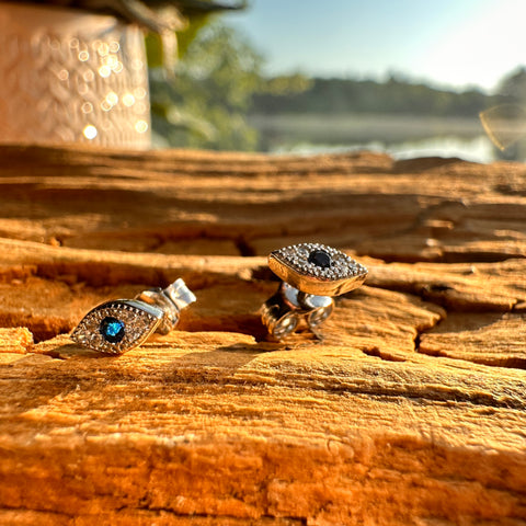 6 Sterling Silver rhodium plated 4mm L x 7mm W Evil Eye stud earrings