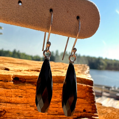 4 Sterling Silver 7x24mm onyx hook earrings