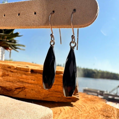 Sterling Silver 7x24mm onyx hook earrings 7