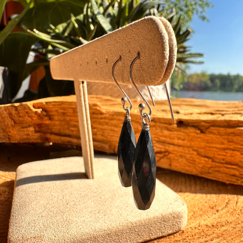 6 Sterling Silver 7x24mm onyx hook earrings