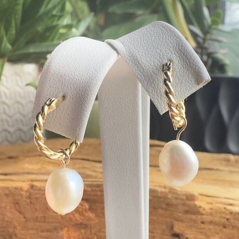 Dangling Pearl earrings twisted hoop Vermeil gold plated on sterling 5