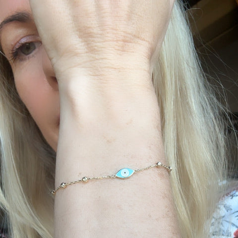 Solid gold 10K Blue Evil Eye Bracelet 6.5" + 1" 4