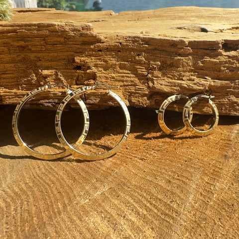 Earrings  AFRODITA  engraved Hoop Greek Design 10K Gold: 22mm