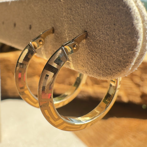 Earrings  AFRODITA  engraved Hoop Greek Design 10K Gold: 22mm