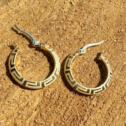 Earrings  AFRODITA  engraved Hoop Greek Design 10K Gold: 22mm