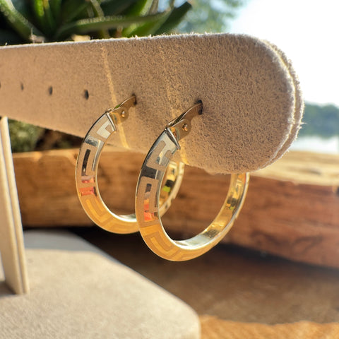 Earrings  AFRODITA  engraved Hoop Greek Design 10K Gold: 22mm