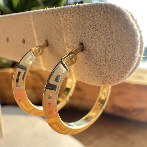 Earrings  AFRODITA  engraved Hoop Greek Design 10K Gold: 22mm