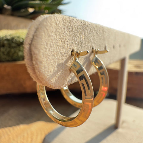 Earrings  AFRODITA  engraved Hoop Greek Design 10K Gold: 22mm
