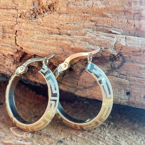 Earrings  AFRODITA  engraved Hoop Greek Design 10K Gold: 22mm