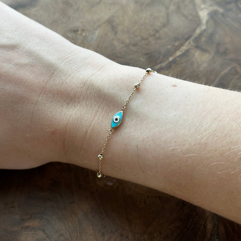 Solid gold 10K Blue Evil Eye Bracelet 6.5" + 1" 2