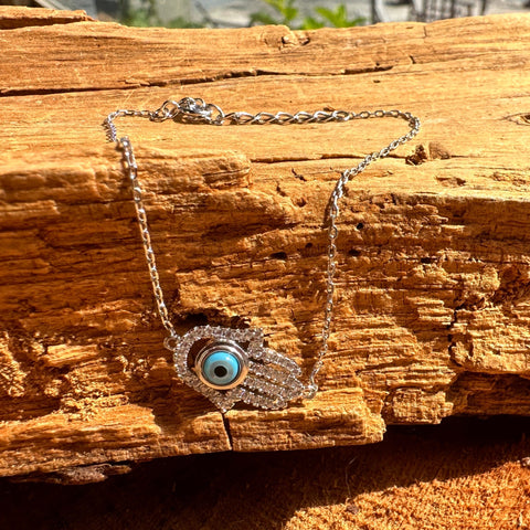 10 Sterling silver with rhodium 12x16mm Hamsa bracelet with cubic zirconia 7″ + 1″ extension