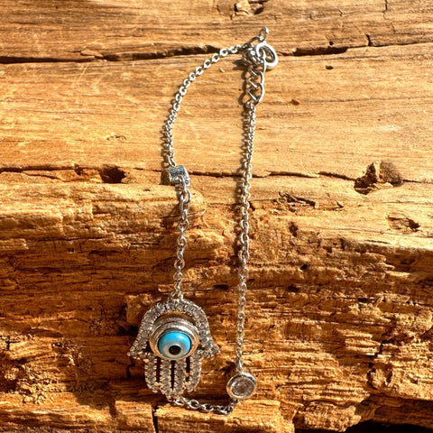 9 Sterling silver with rhodium 12x16mm Hamsa bracelet with cubic zirconia 7″ + 1″ extension