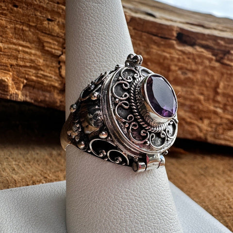 Sterling silver 6x8mm amethyst poison ring 21mm width 3.5mm band