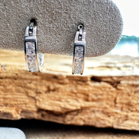10 Hoop Sterling Silver Huggies Earrings with CZ 3x14mm