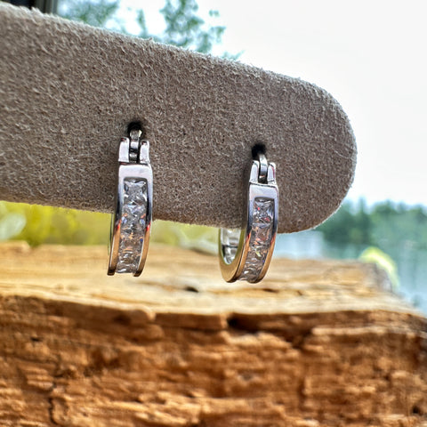 9 Hoop Sterling Silver Huggies Earrings with CZ 3x14mm