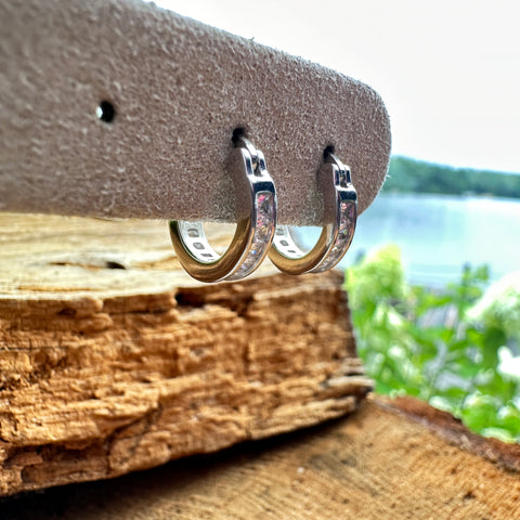 8 Hoop Sterling Silver Huggies Earrings with CZ 3x14mm