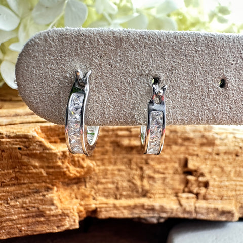 6 Hoop Sterling Silver Huggies Earrings with CZ 3x14mm