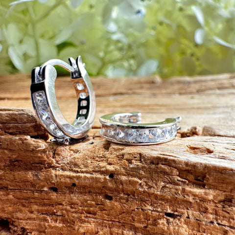 4 Hoop Sterling Silver  Huggies Earrings with CZ 3x14mm