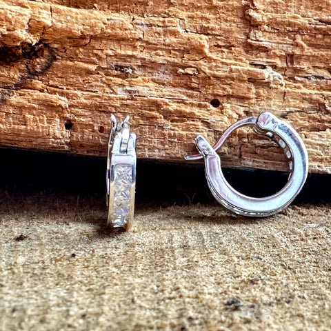 3 Hoop Sterling Silver  Huggies Earrings with CZ 3x14mm