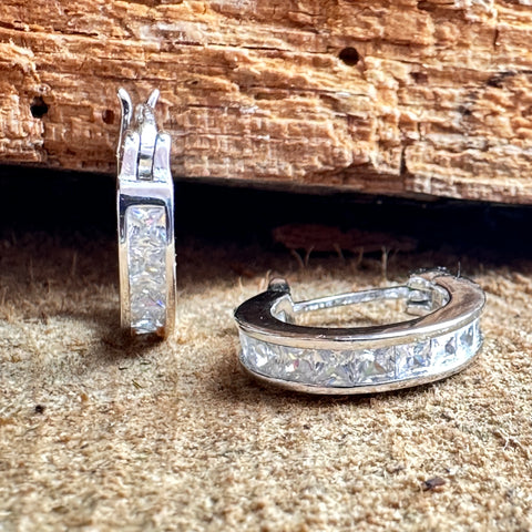 1 Hoop Sterling Silver  Huggies Earrings with CZ 3x14mm