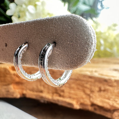 7 Hoop Sterling Silver Huggies Earrings with CZ 2.5x14mm