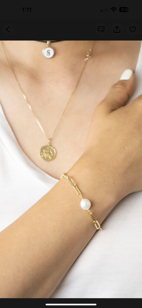 Bracelet Solid Gold Link Paperclip Fresh Water Pearl