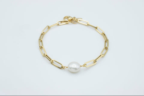 Bracelet Solid Gold Link Paperclip Fresh Water Pearl