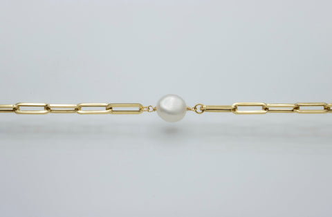 Bracelet Solid Gold Link Paperclip Fresh Water Pearl