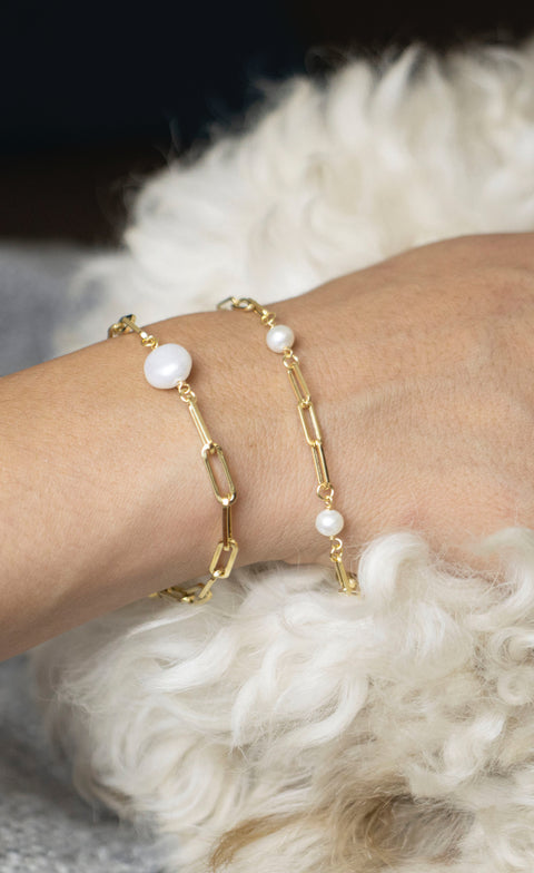 Bracelet Solid Gold Link Paperclip Fresh Water Pearl