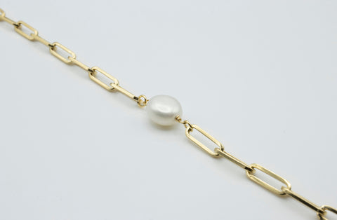 Bracelet Solid Gold Link Paperclip Fresh Water Pearl
