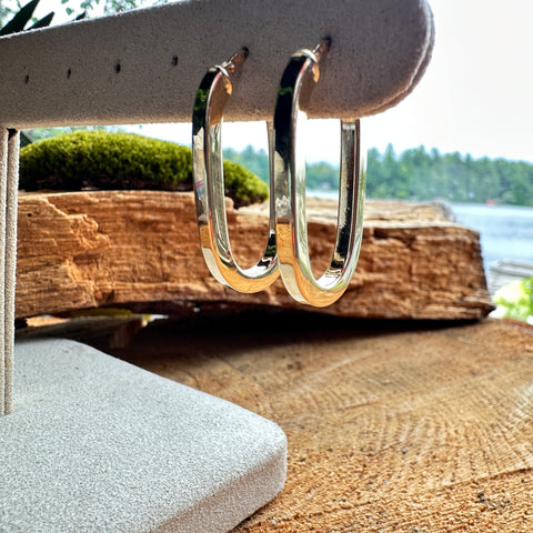 Hoop Earrings USHA 10K Solid Gold Elongated Flat Oval; M