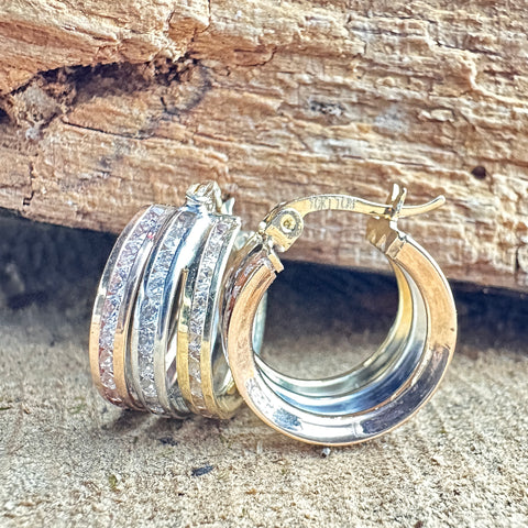 2 Hoop Earrings 10k Gold Tri-colour Rose Yellow White 