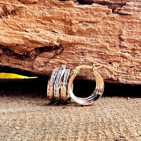 3 Hoop Earrings 10k Gold Tri-colour Rose Yellow White 