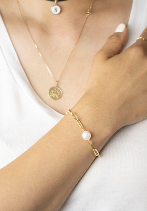 10K Solid Gold Paperclip Pearl Bracelet