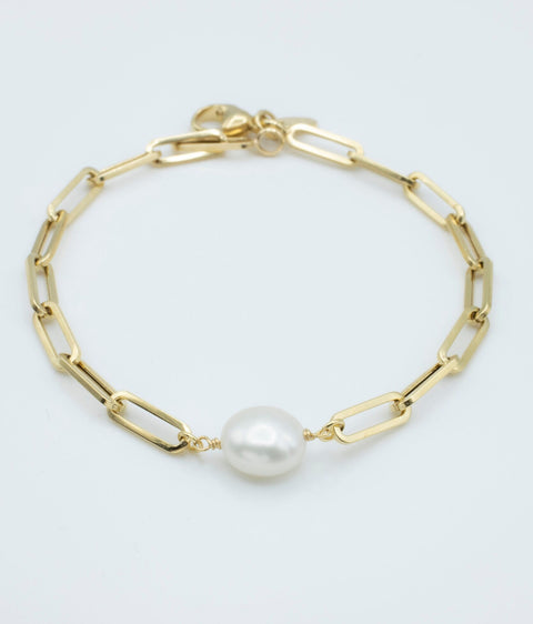 10K Solid Gold Paperclip Pearl Bracelet