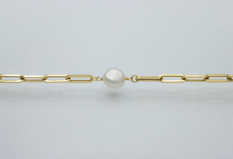 10K Solid Gold Paperclip Pearl Bracelet