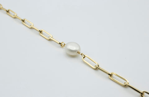 10K Solid Gold Paperclip Pearl Bracelet