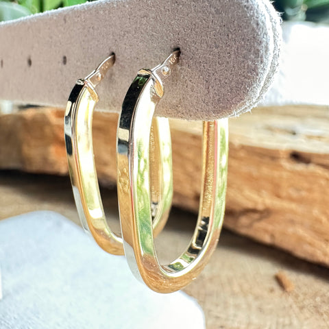 Hoop Earrings USHA 10K Solid Gold Elongated Flat Oval; M