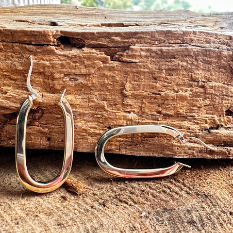 Hoop Earrings USHA 10K Solid Gold Elongated Flat Oval; M