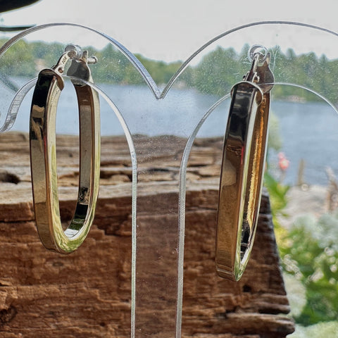 Hoop Earrings USHA 10K Solid Gold Elongated Flat Oval; M