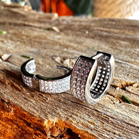 Hoop Earrings Sterling Silver Small 3 layer Cubic Zirconia