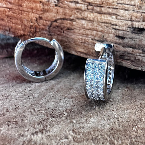 2 Hoop Earrings Sterling Silver Small 3 layer Cubic Zirconia