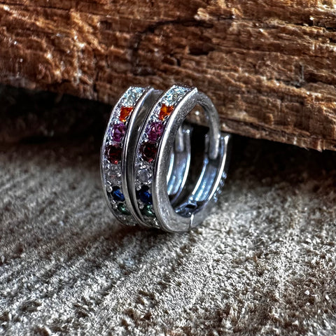 Sterling Silver with rhodium 12mm round hoop earrings with colourful cubic  zirconia hoops 2mm thickness