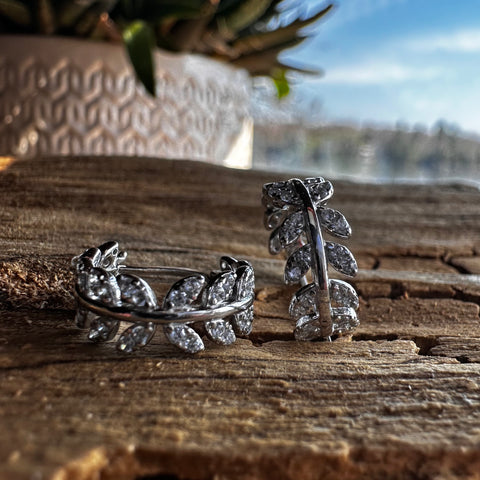 Sterling Silver with rhodium cubic zirconia leaf style hoop 5x15mm 