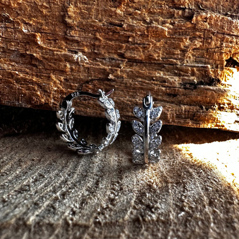 2 Sterling Silver with rhodium cubic zirconia leaf style hoop 5x15mm 