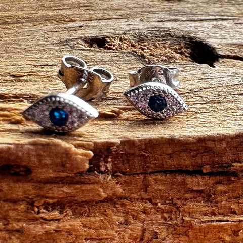 Sterling Silver rhodium plated 4mm L x 7mm W Evil Eye stud earrings