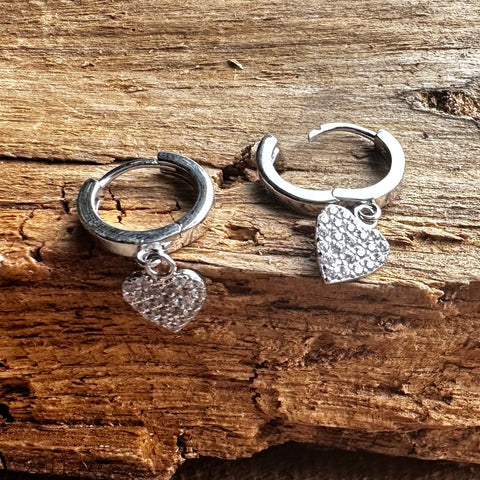 Sterling silver with rhodium 13mm hoop earrings with 9x9mm heart charm