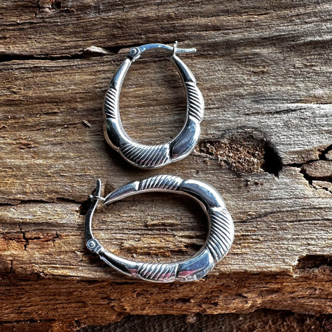 3 Sterling Silver fancy style oval shape hoop with a Hinge Back